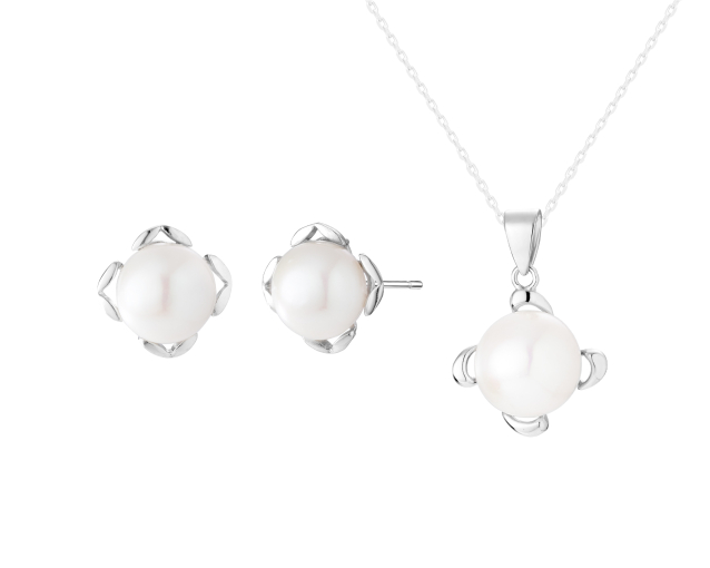 Komplet srebrny z białą perłą w pętelkowej oprawie - kolczyki na sztyft i zawieszka