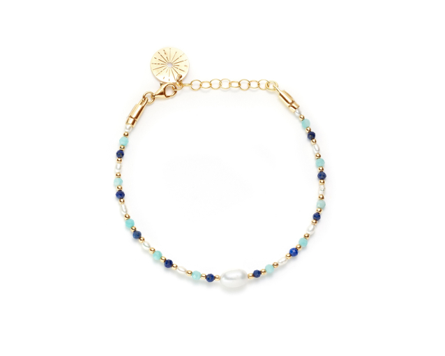 Bransoletka srebrna pozłacana z białą dużą perłą i koralikami z kamienia naturalnego turkusowego i granatowego