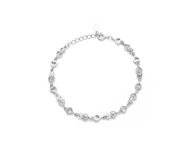 Bransoletka srebrna wąska segmentowa z sercami zdobiona białymi cyrkoniami