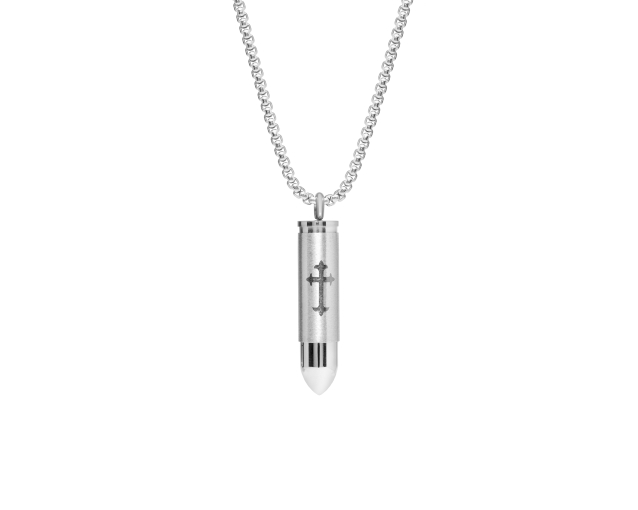 Naszyjnik męski stalowy z jasnej stali z wisiorkiem w kształcie naboju z wygrawerowanym motywem krzyża