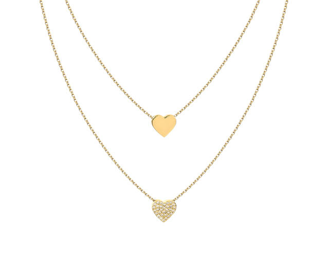 Naszyjnik srebrny pozłacany z cyrkoniami na podwójnym łańcuszku z wisiorkami w kształcie serc zdobiony cyrkoniami