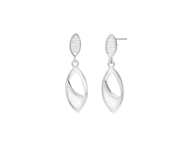 Kolczyki srebrne wiszące z białym opalem i cyrkoniami