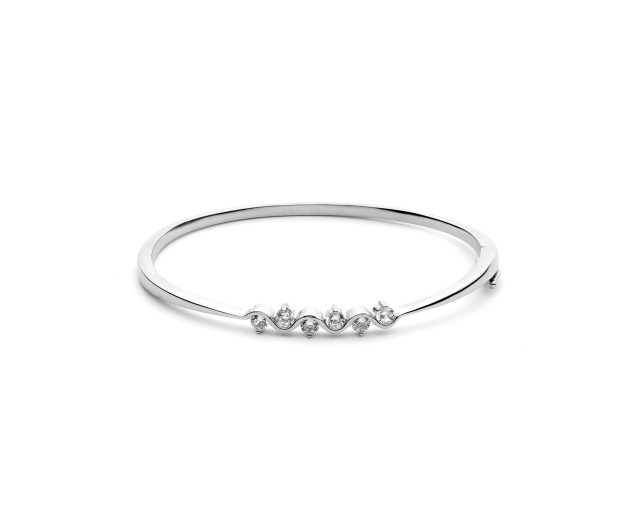 Srebrna bransoletka cienka sztywna na zatrzask z helisą ozdobiona cyrkoniami