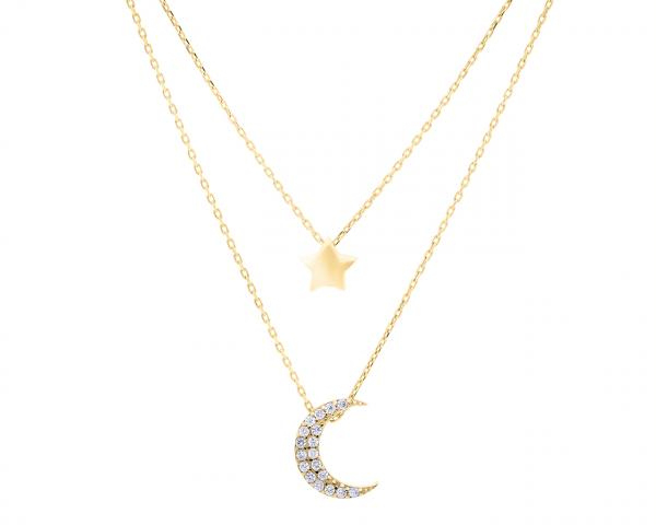Naszyjnik srebrny pozłacany podwójny z gwiazdką i księżycem wysadzanym białymi cyrkoniami