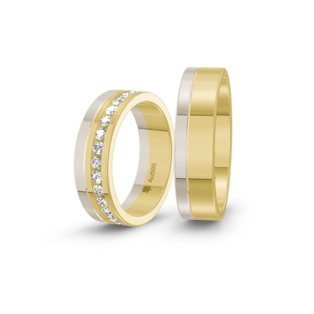Obrączki ślubne ze złota żółtego i białego z diamentami