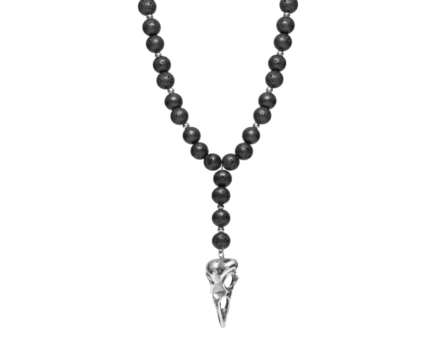 Naszyjnik męski stalowy z czaszką ptaka i koralikami z kamienia księżycowego