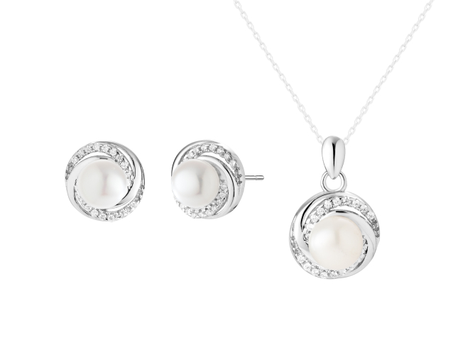 Komplet srebrny biała perła w zakręconej oprawie z białymi cyrkoniami - kolczyki na sztyfcie i zawieszka