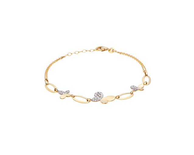 Bransoletka złota z motylami wysadzanymi przezroczystymi cyrkoniami