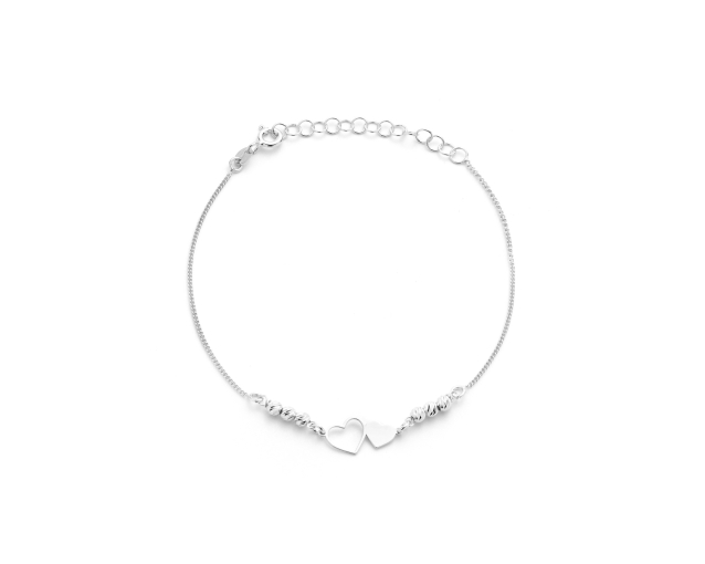 Bransoletka srebrna łańcuszkowa z dwoma sercami i koralikami