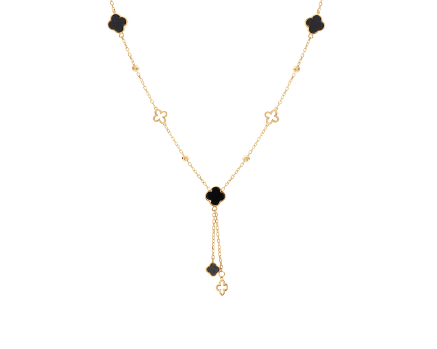 Naszyjnik srebrny kolia pozłacana z motywem czterech płatków z czarną emalią