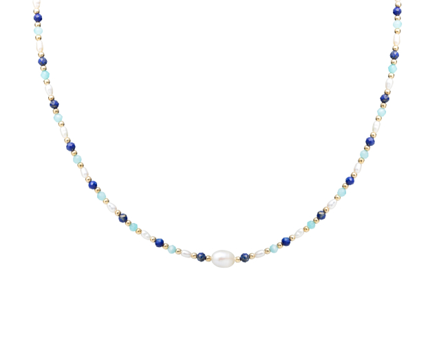 Naszyjnik srebrny pozłacany z koralikami z granatowych i turkusowych kamieni naturalnych oraz pereł