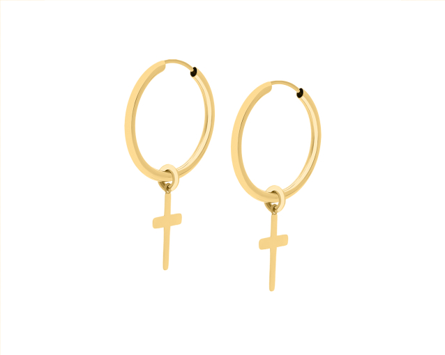 Złote kolczyki koła z wiszącym krzyżem 4 cm