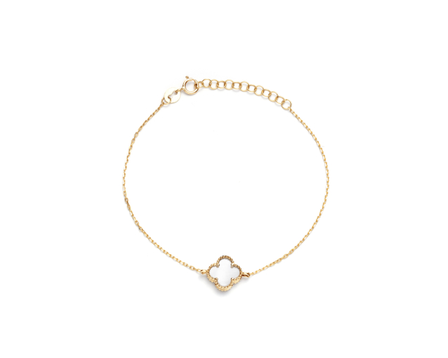 Bransoletka złota łańcuszkowa z koniczynką i białym kamieniem