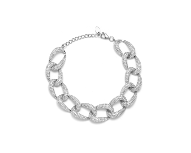 Bransoletka srebrna szeroka pancerka wysadzana białymi cyrkoniami