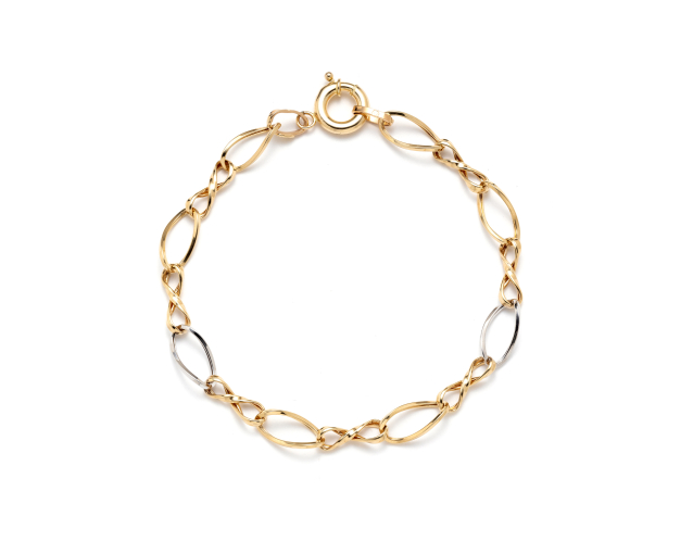 Złota bransoletka dwukolorowa z ogniwami w kształcie kropli i ósemek zapinana na federing bez regulacji