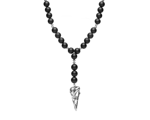 Naszyjnik męski stalowy z koralikami z onyksu i czaszką