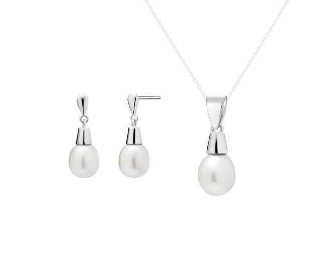 Komplet srebrny z białą perłą w kształcie kropli