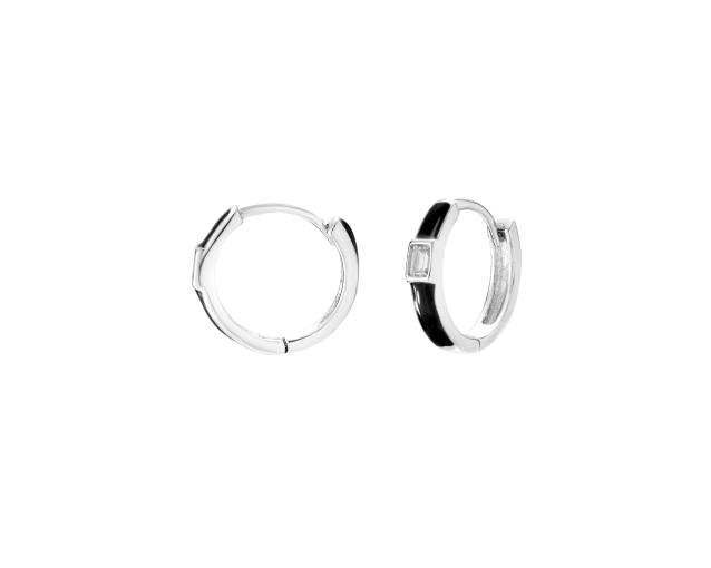 Małe kolczyki srebrne kółka emaliowane czarne z białą cyrkonią