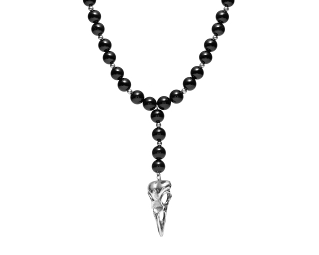 Naszyjnik męski stalowy z koralikami z onyksu i ptasią czaszką