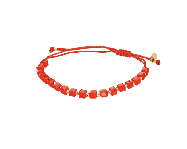 Bransoletka złota sznurkowa czerwona z kamieniami naturalnymi