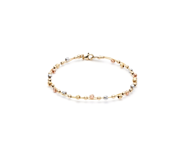 Bransoletka złota tricolor usztywniana z białymi, żółtymi i różowymi kulkami