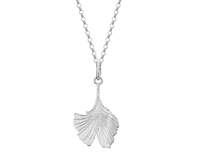 Srebrny naszyjnik z motywem rozwidlonego listka miłorzębu o ażurowej powierzchni