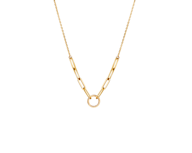 Naszyjnik złoty kolia łańcuszkowa z fragmentem splotu ankier i wisiorkiem w kształcie koła