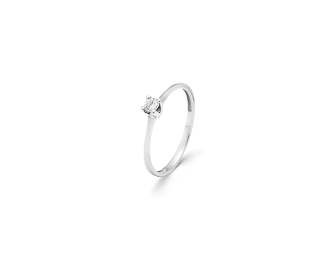 Klasyczny pierścionek złoty cienki z brylantem w wysokiej oprawie z białego złota