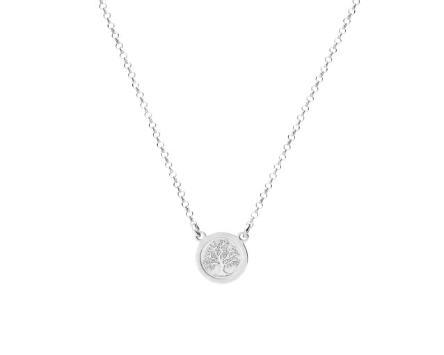 Naszyjnik srebrny z okrągłym wisiorkiem z motywem drzewa na tle szarej emalii