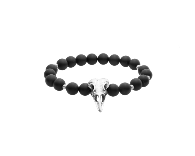 Bransoletka męska stalowa z onyksem i czaszką ptaka