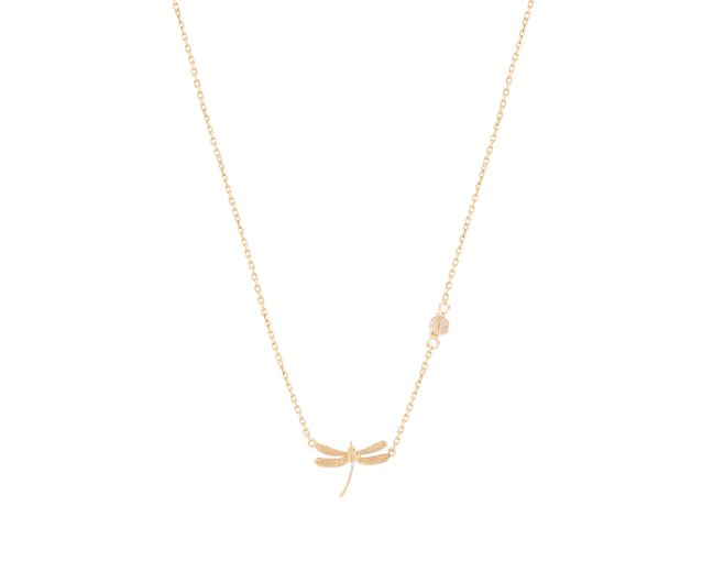 Naszyjnik srebrny pozłacany z ważką i koralikiem z szampańskiej cyrkonii