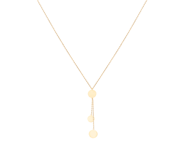 Złoty naszyjnik z okrągłymi blaszkami na dwóch łańcuszkach różnej długości