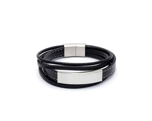 Bransoletka męska z czarnej skóry z elementem ozdobnym z jasnej stali