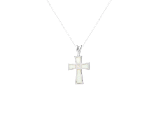 Zawieszka srebrna w kształcie krzyża z białym opalem