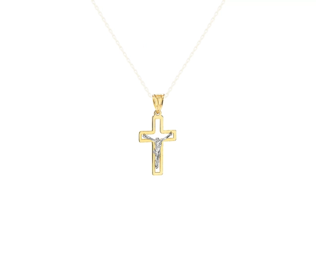 Zawieszka złota dwukolorowa krzyżyk z Jezusem z białego złota