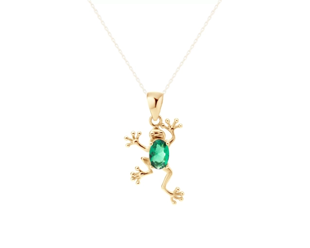 Złota zawieszka żaba, złoto 585, zielona cyrkonia, elegancka, luksusowa