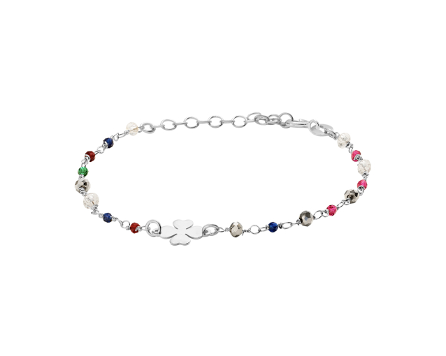 Bransoletka srebrna z czterolistną koniczynką i kolorowymi koralikami