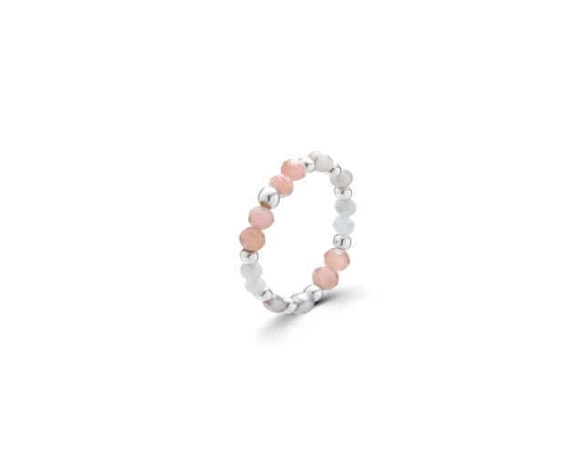 Pierścionek srebrny elastyczny z szarymi perłami i kamieniami naturalnymi w kolorze błękitnym, szarym i różowym