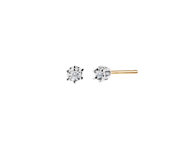 Kolczyki złote punktowe dwukolorowe z brylantem w oprawie chaton z ozdobnym tłoczonym kołnierzem