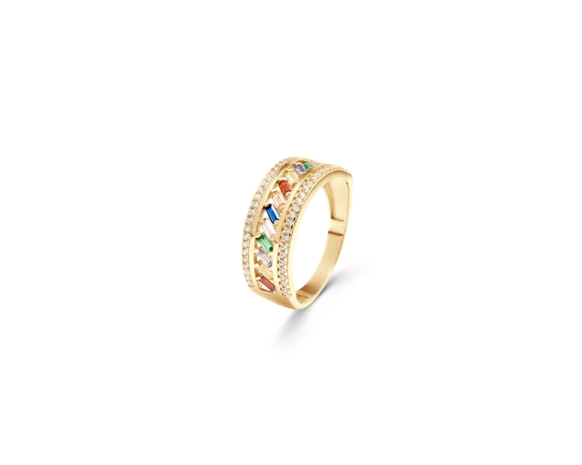 Nowoczesny pierścionek złoty z kolorowymi prostokątnymi cyrkoniami