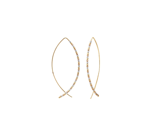 Kolczyki złote z trójkolorowymi koralikami na łuku