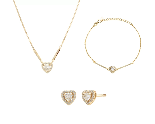 Zestaw srebrny pozłacany z cyrkonią w ksztalcie serca PRS 0144