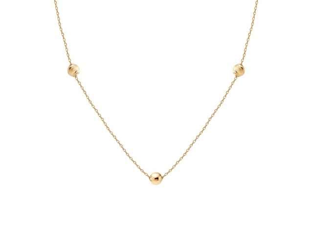 Naszyjnik złoty z trzema ozdobnymi kulkami o różnej fakturze
