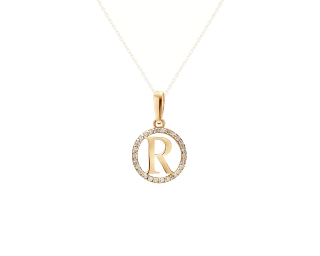 Zawieszka literka R złoto z białymi cyrkoniami w okrągłej oprawie