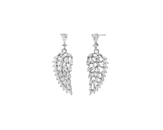 Kolczyki srebrne wiszące skrzydła wysadzane białymi cyrkoniami