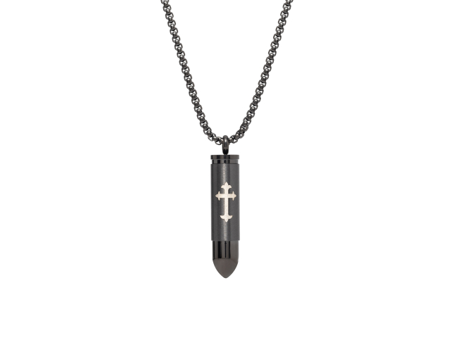 Naszyjnik męski z ciemnej stali z wisiorkiem w kształcie naboju z wizerunkiem krzyża